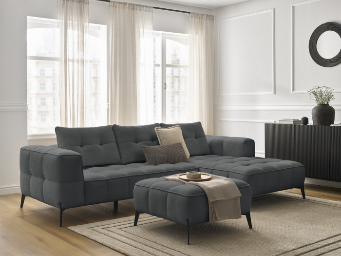 Canapé d'angle fixe ANIS tissu texturé avec pouf