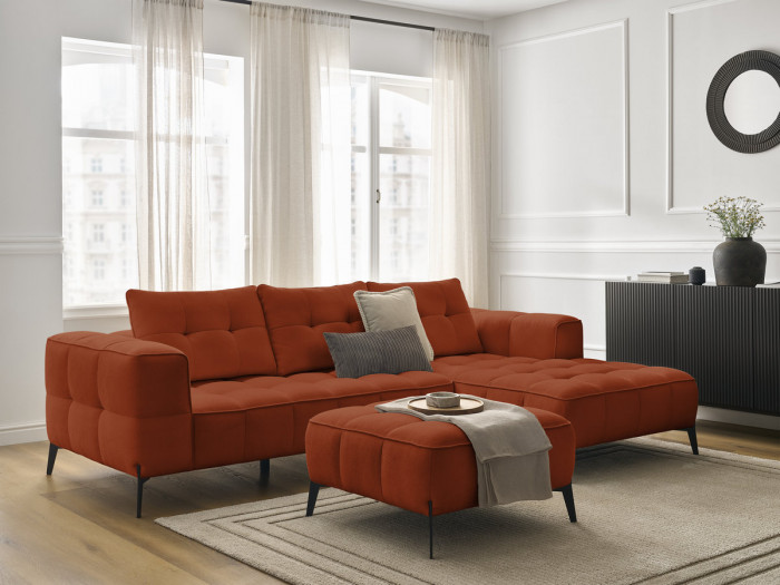 Canapé d'angle fixe ANIS tissu texturé avec pouf