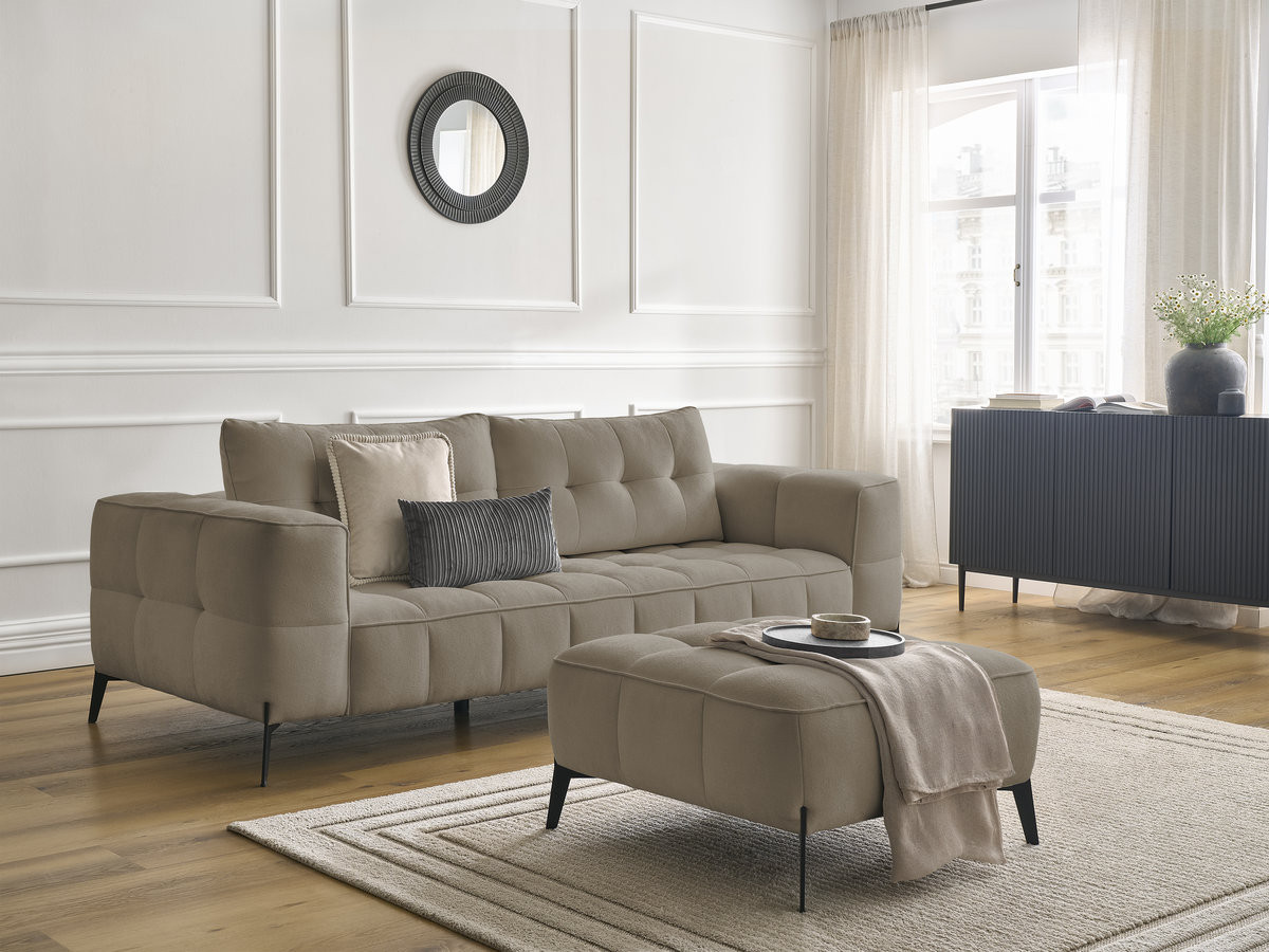 Canapé droit 3 places ANIS texturé avec pouf taupe