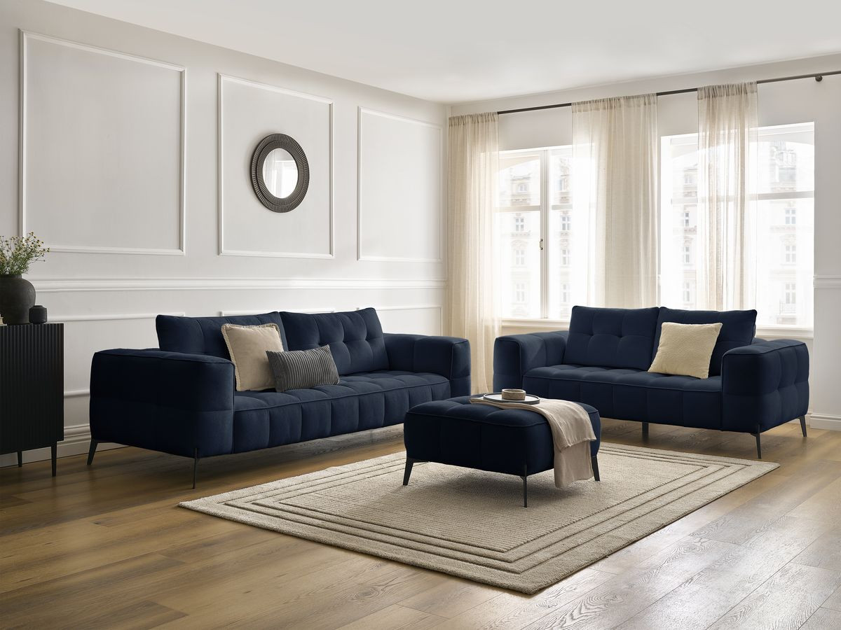 Ensemble canapé droit 3 + 2 places ANIS texturé avec pouf bleu