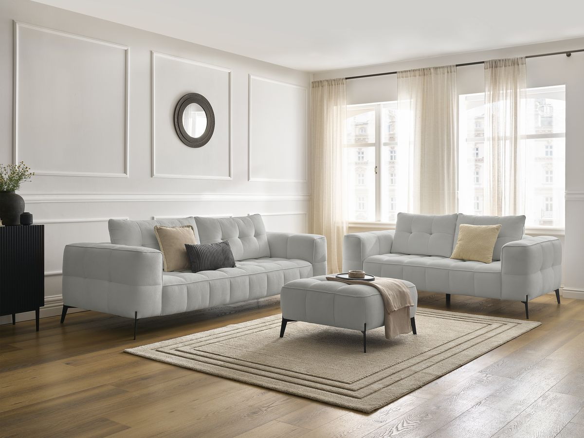 Ensemble canapé droit 3 + 2 places ANIS texturé avec pouf gris clair