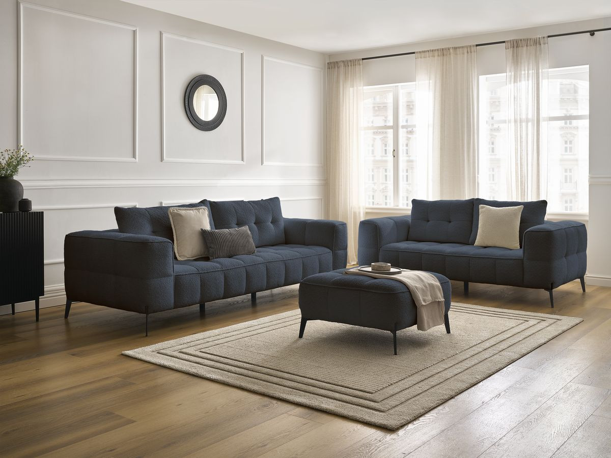 Ensemble canapé droit 3 + 2 places ANIS bouclette avec pouf bleu foncé