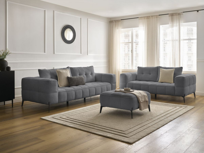 Ensemble canapé droit fixe 3 + 2 places ANIS tissu bouclette avec pouf