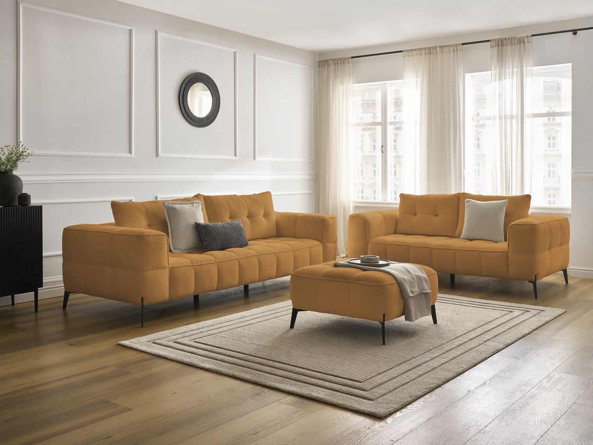 Ensemble canapé droit 3 + 2 places ANIS bouclette avec pouf jaune