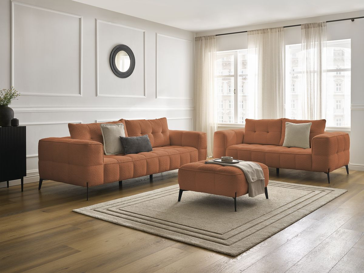 Ensemble canapé droit 3 + 2 places ANIS bouclette avec pouf orange