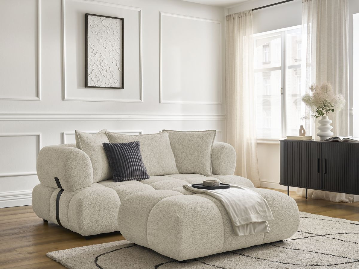 Canapé droit 2 places ALYA bouclette avec pouf beige