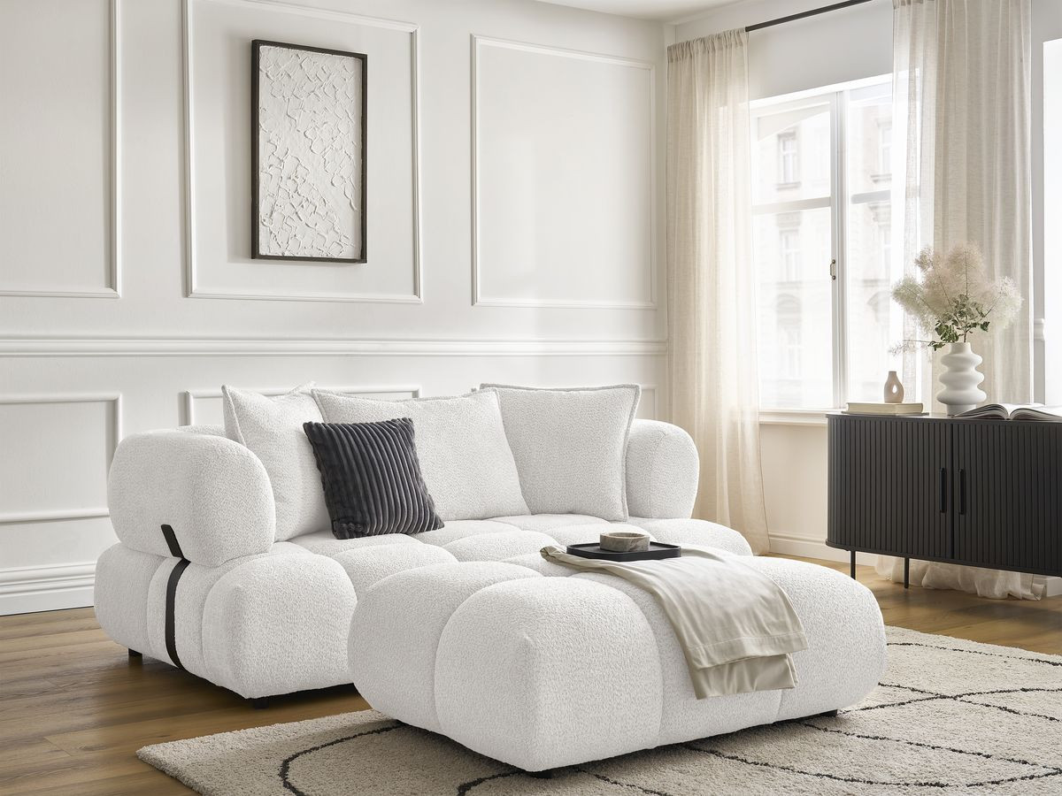 Canapé droit 2 places ALYA bouclette avec pouf blanc