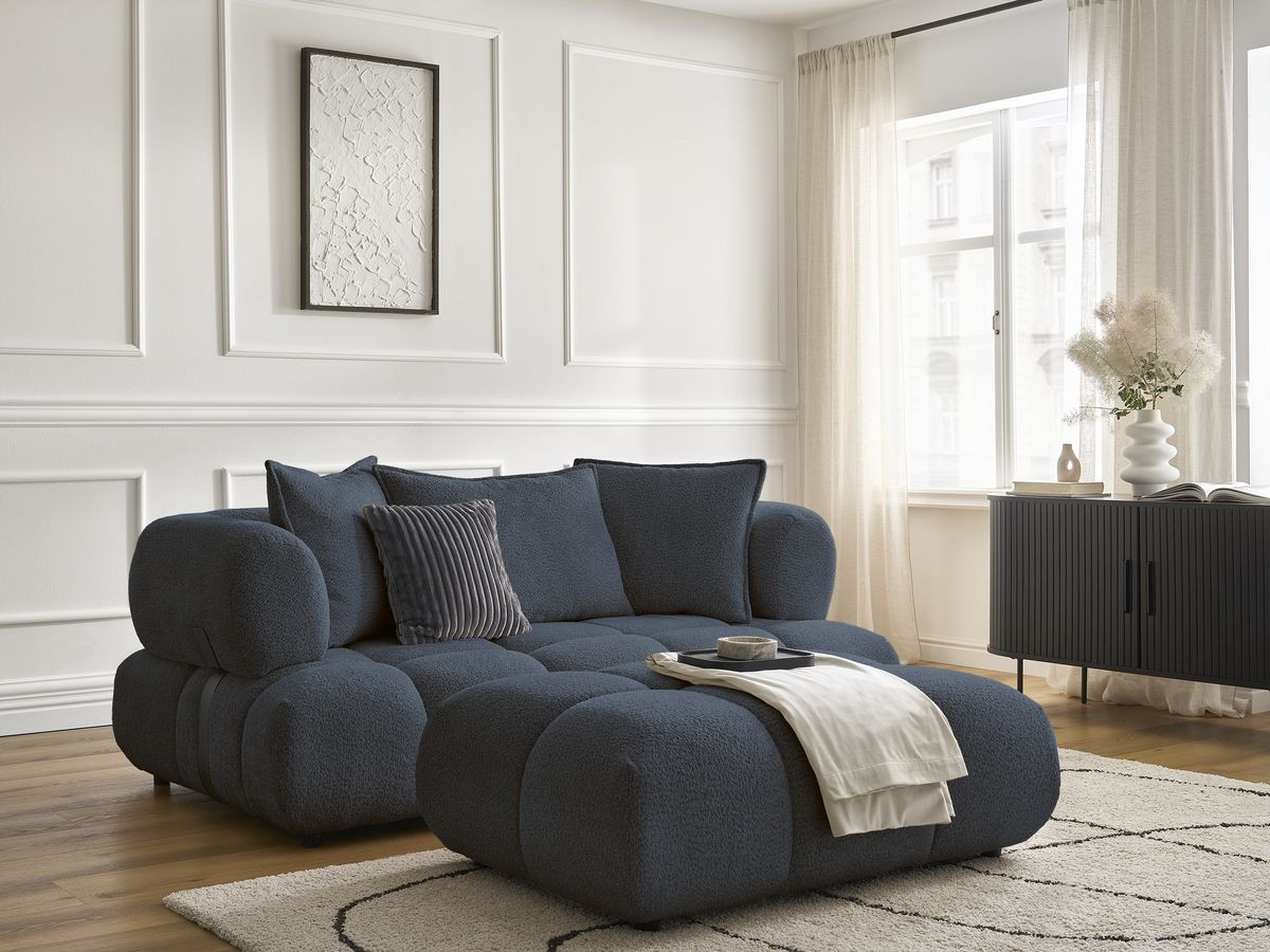 Canapé droit 2 places ALYA bouclette avec pouf bleu foncé