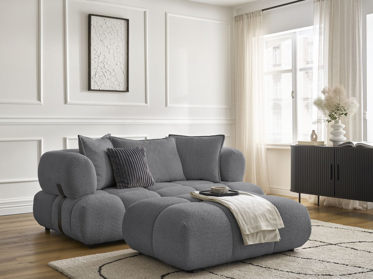 Canapé droit 2 places ALYA bouclette avec pouf gris foncé