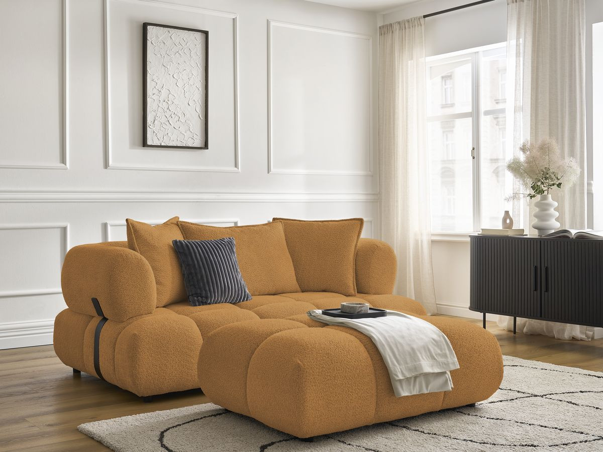 Canapé droit 2 places ALYA bouclette avec pouf jaune