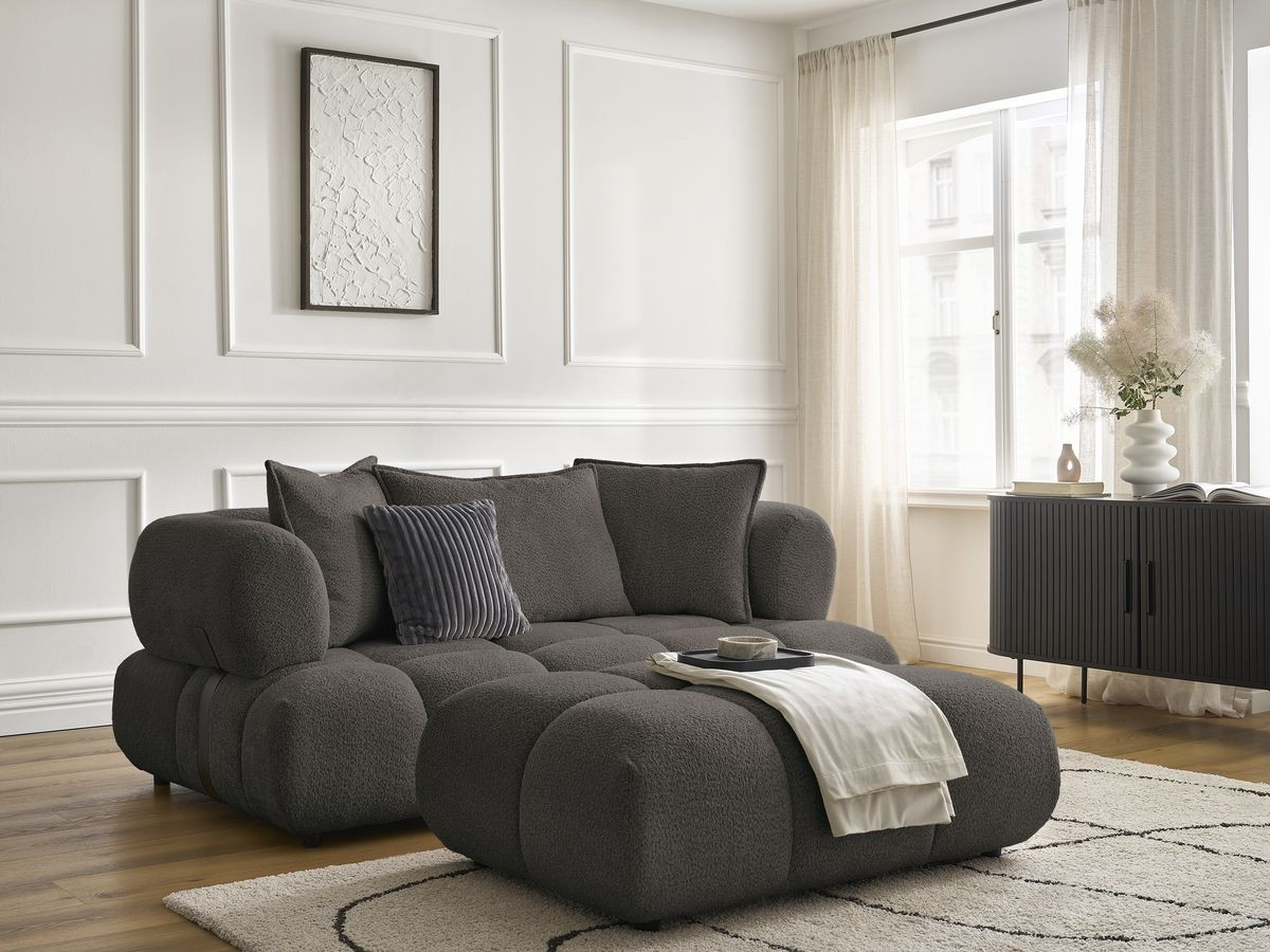 Canapé droit 2 places ALYA bouclette avec pouf marron