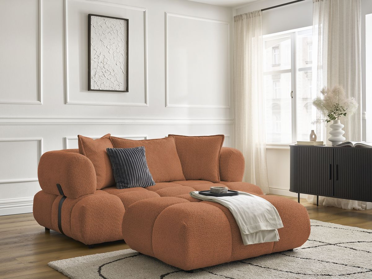 Canapé droit 2 places ALYA bouclette avec pouf orange