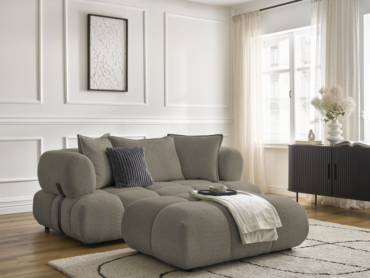 Canapé droit 2 places ALYA bouclette avec pouf taupe