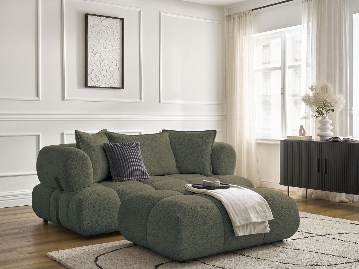 Canapé droit 2 places ALYA bouclette avec pouf vert