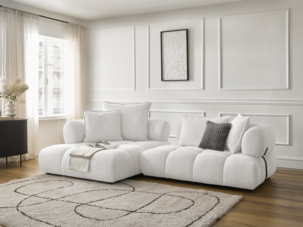 Canapé d'angle fixe ALYA tissu bouclette blanc  angle gauche BOBOCHIC 4 places
