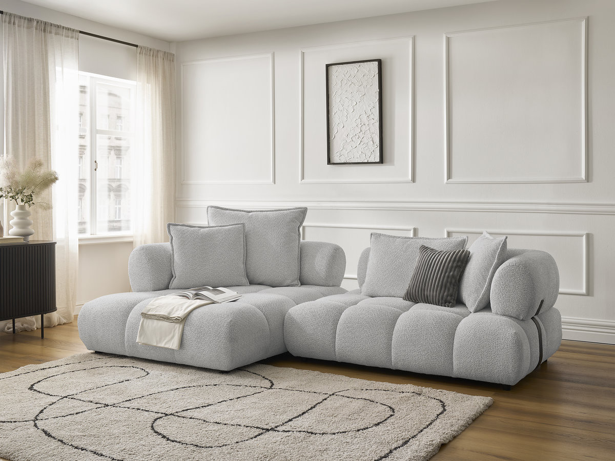 Canapé d'angle fixe ALYA tissu bouclette gris clair angle gauche BOBOCHIC 4 places
