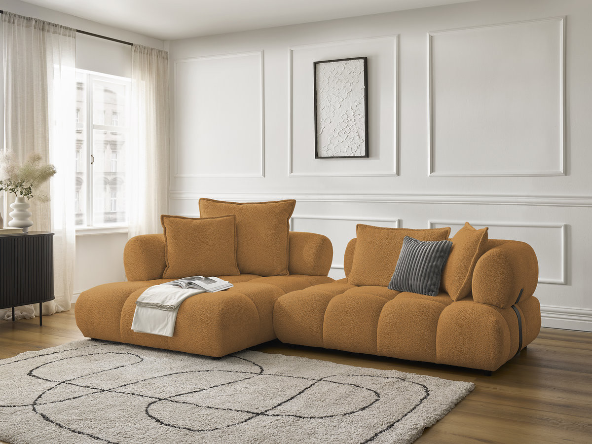 Canapé d'angle fixe ALYA tissu bouclette jaune  angle gauche BOBOCHIC 4 places