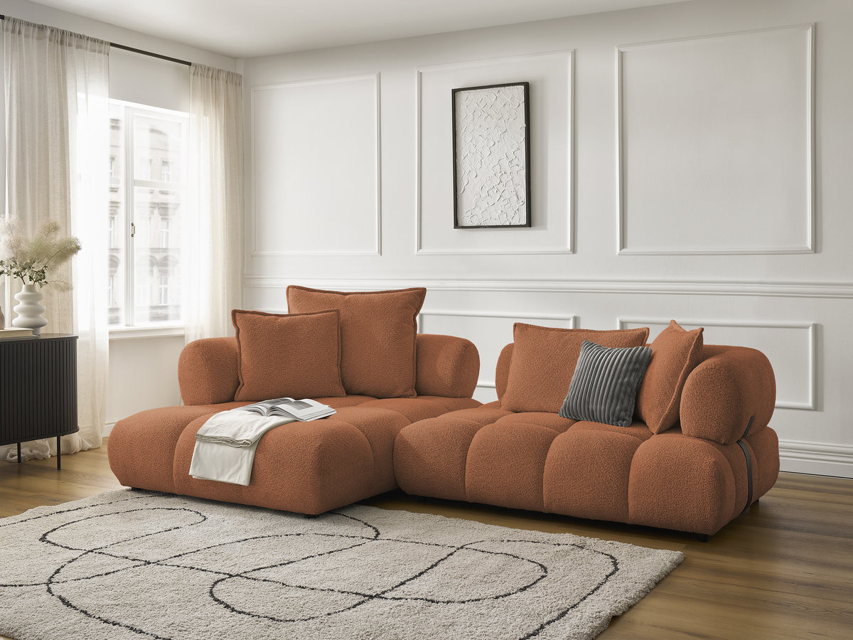 Canapé d'angle fixe ALYA tissu bouclette orange angle gauche BOBOCHIC 4 places