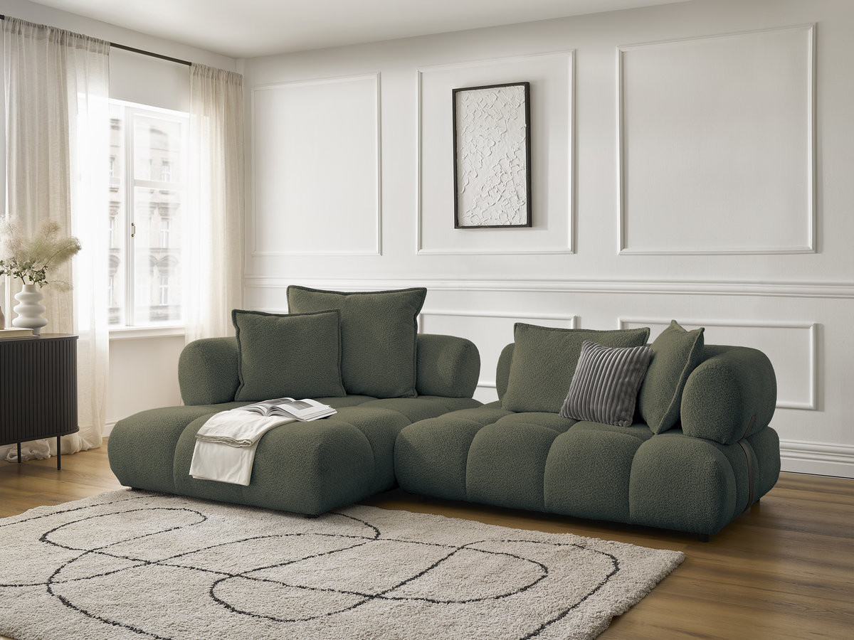 Canapé d'angle fixe ALYA tissu bouclette vert  angle gauche BOBOCHIC 4 places