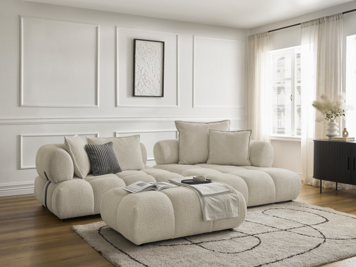 Canapé d'angle fixe ALYA tissu bouclette avec pouf