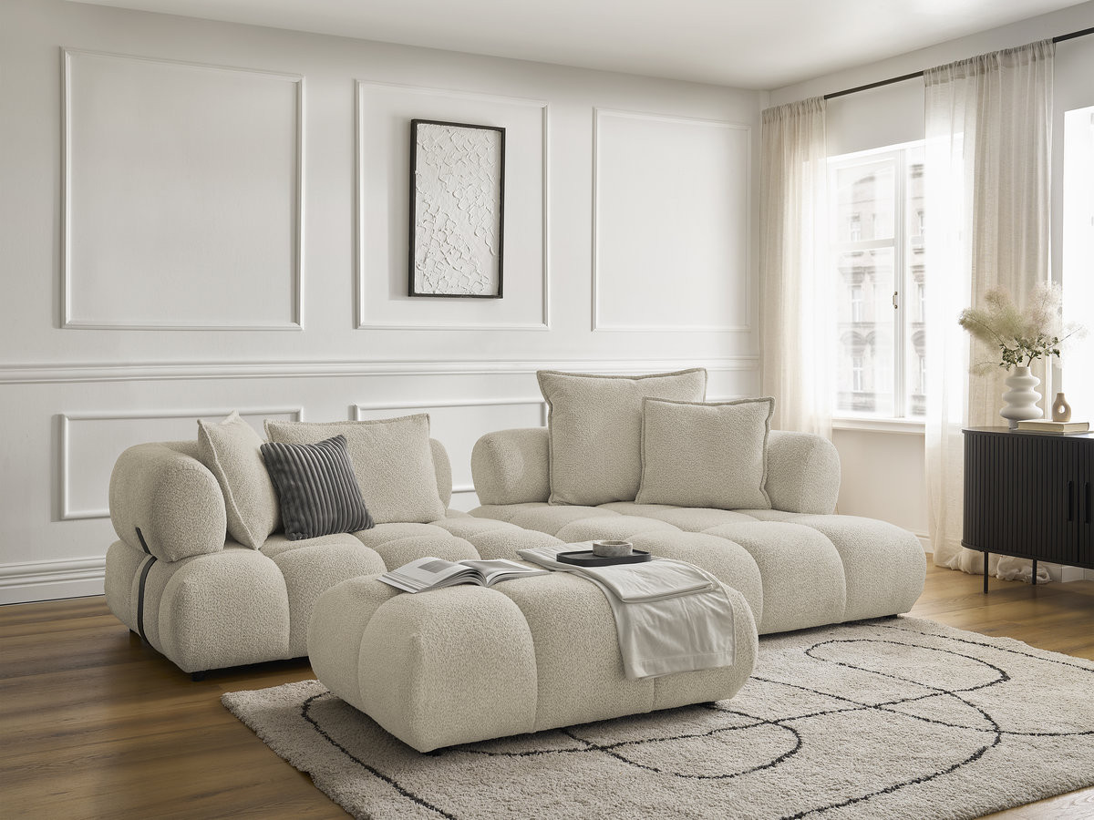 Canapé d'angle fixe ALYA tissu bouclette avec pouf