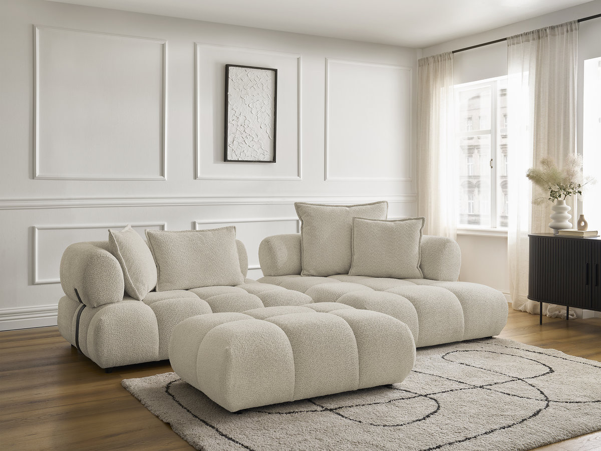 Canapé d'angle fixe ALYA tissu bouclette avec pouf