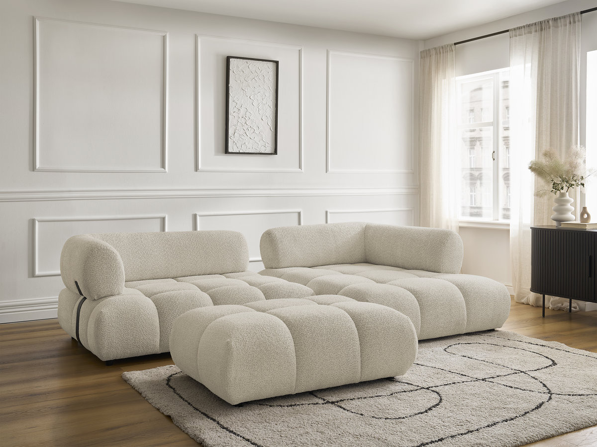 Canapé d'angle fixe ALYA tissu bouclette avec pouf