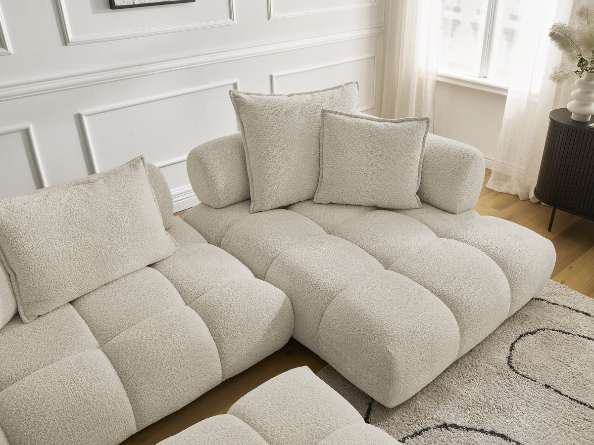Canapé d'angle fixe ALYA tissu bouclette avec pouf