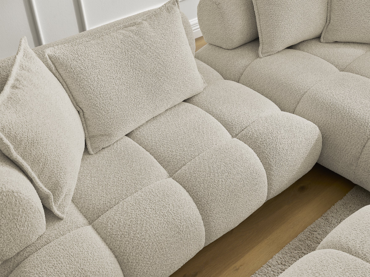 Canapé d'angle fixe ALYA tissu bouclette avec pouf