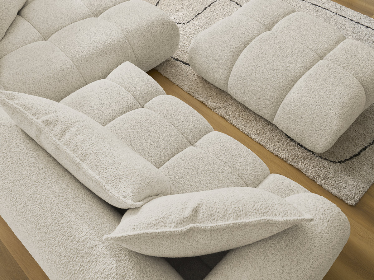 Canapé d'angle fixe ALYA tissu bouclette avec pouf
