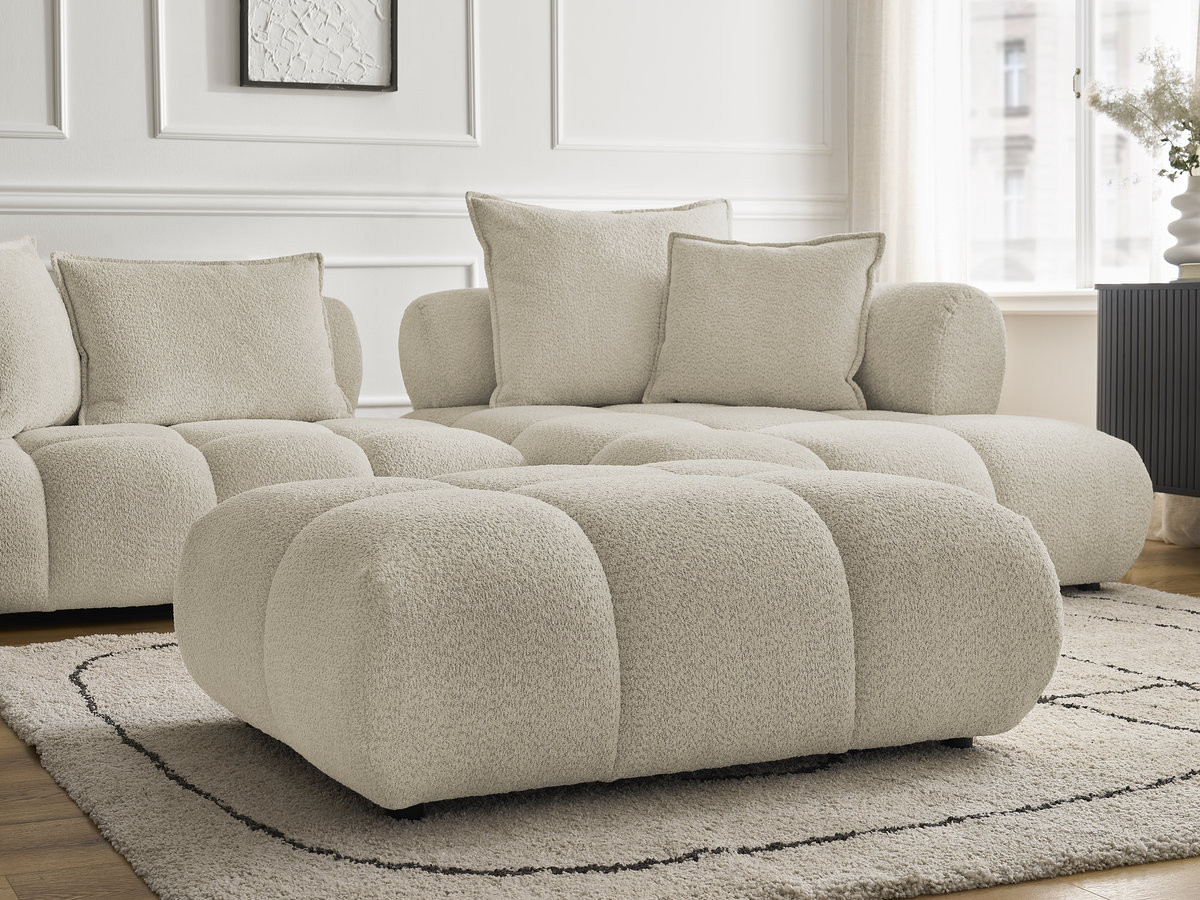 Canapé d'angle fixe ALYA tissu bouclette avec pouf