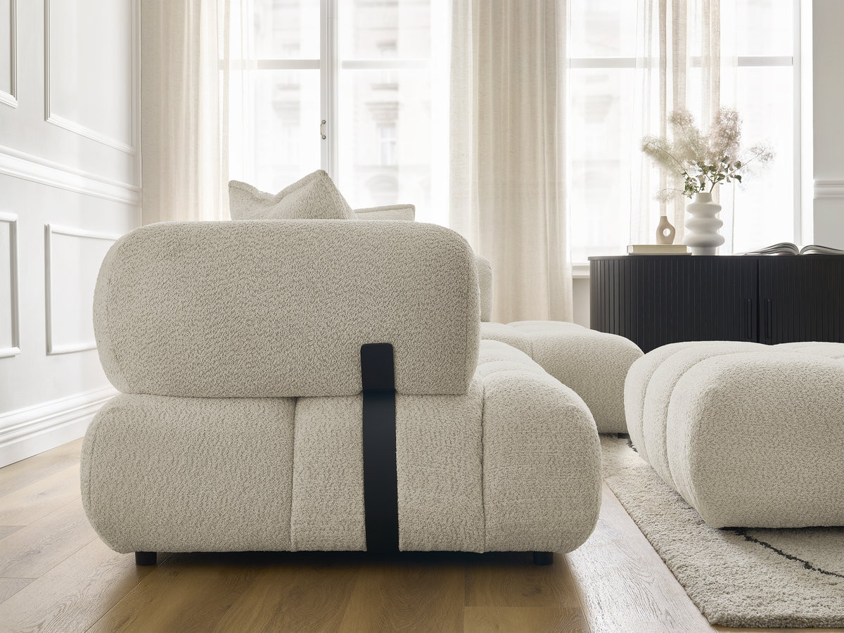 Canapé d'angle fixe ALYA tissu bouclette avec pouf