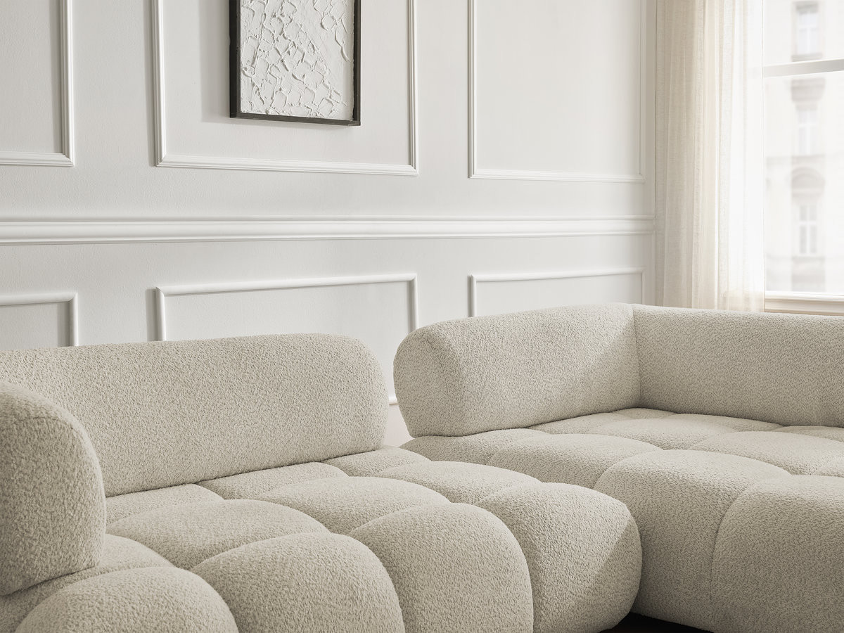 Canapé d'angle fixe ALYA tissu bouclette avec pouf