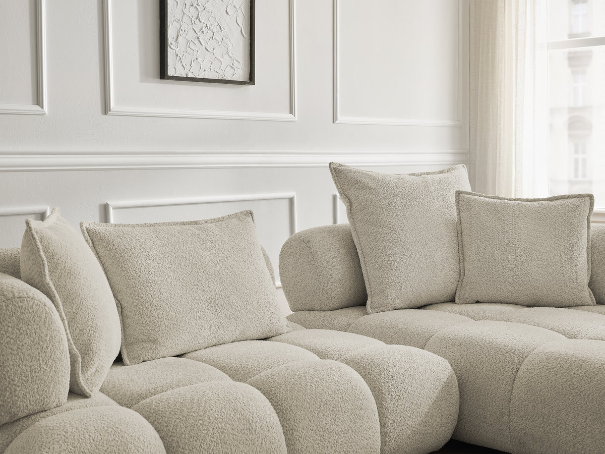 Canapé d'angle fixe ALYA tissu bouclette avec pouf