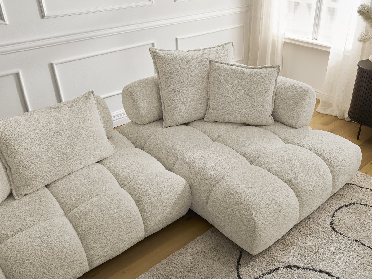 Canapé d'angle fixe ALYA tissu bouclette avec pouf