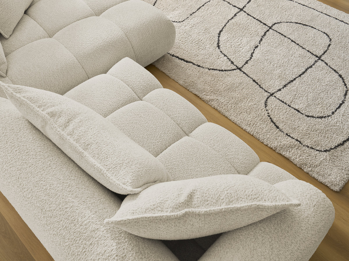 Canapé d'angle fixe ALYA tissu bouclette avec pouf