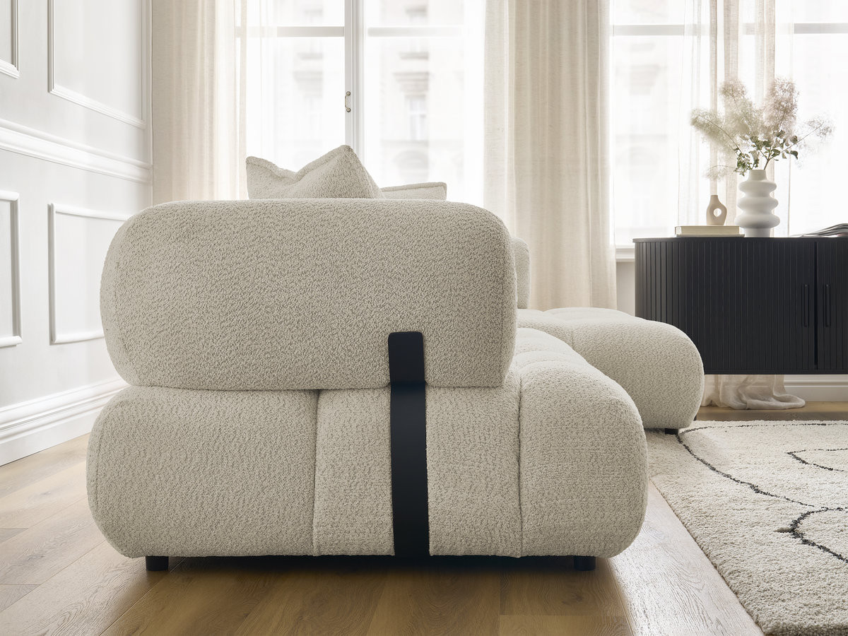 Canapé d'angle fixe ALYA tissu bouclette avec pouf