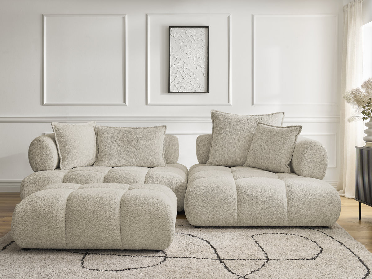 Canapé d'angle fixe ALYA tissu bouclette avec pouf