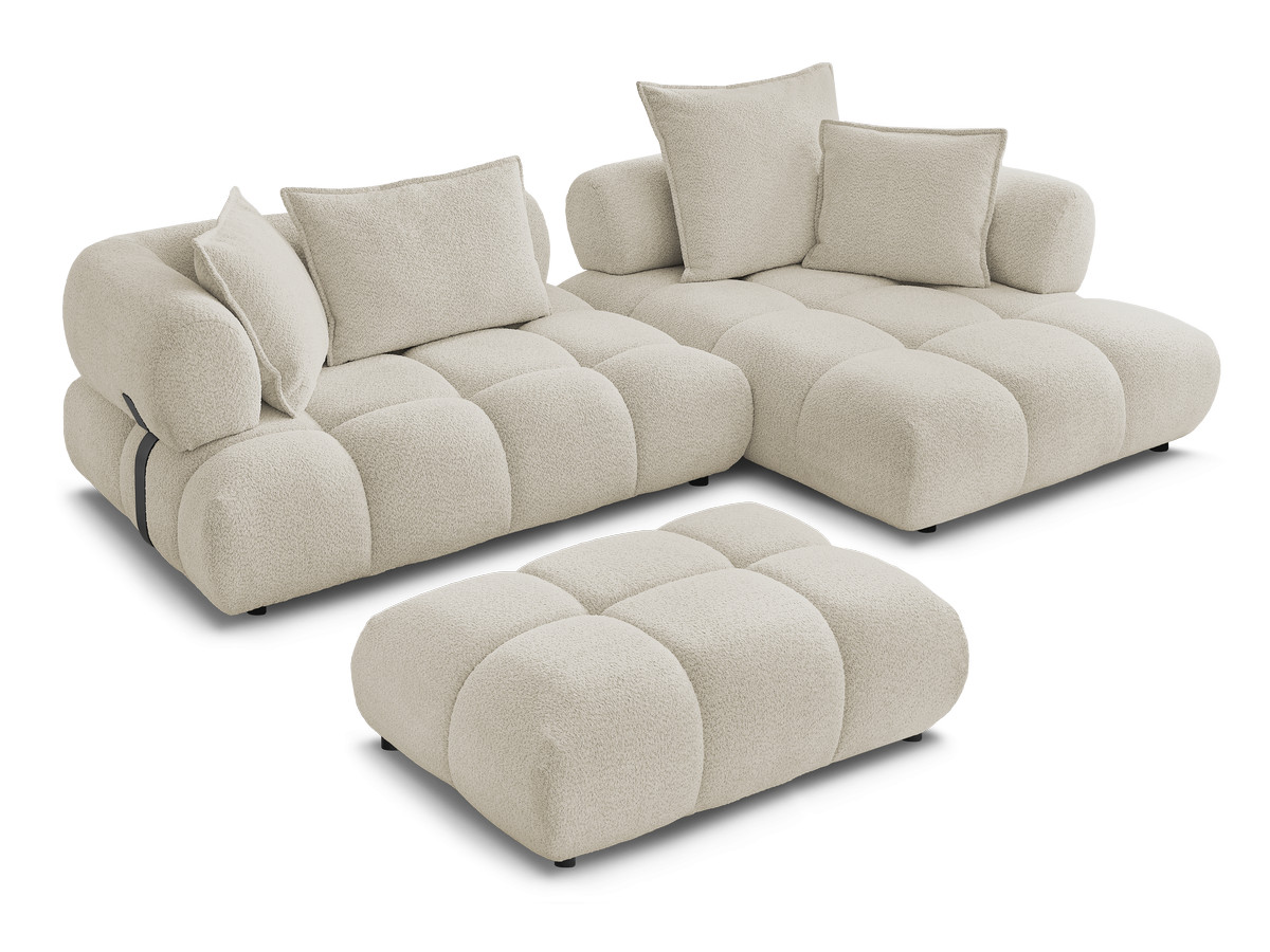 Canapé d'angle fixe ALYA tissu bouclette avec pouf