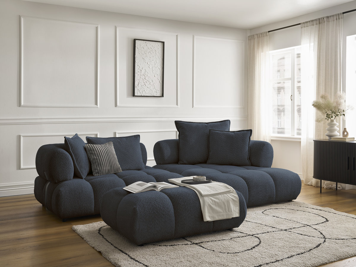 Canapé d'angle fixe ALYA tissu bouclette avec pouf