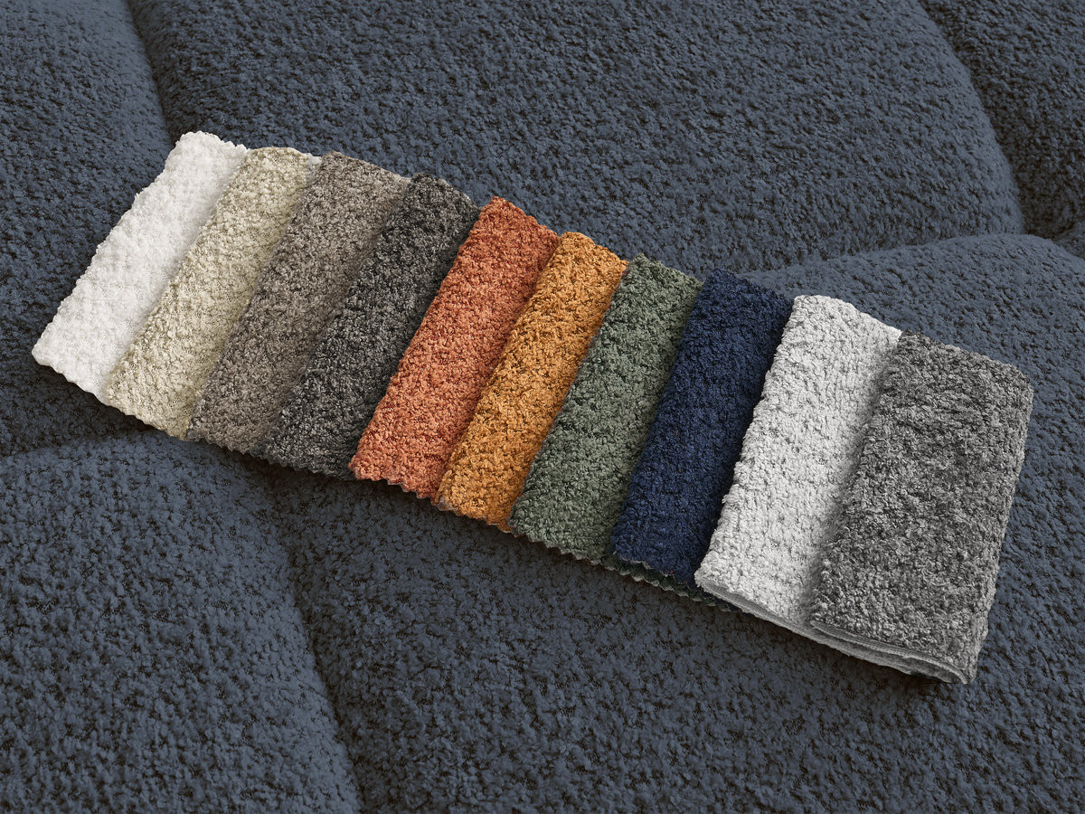Canapé d'angle fixe ALYA tissu bouclette avec pouf