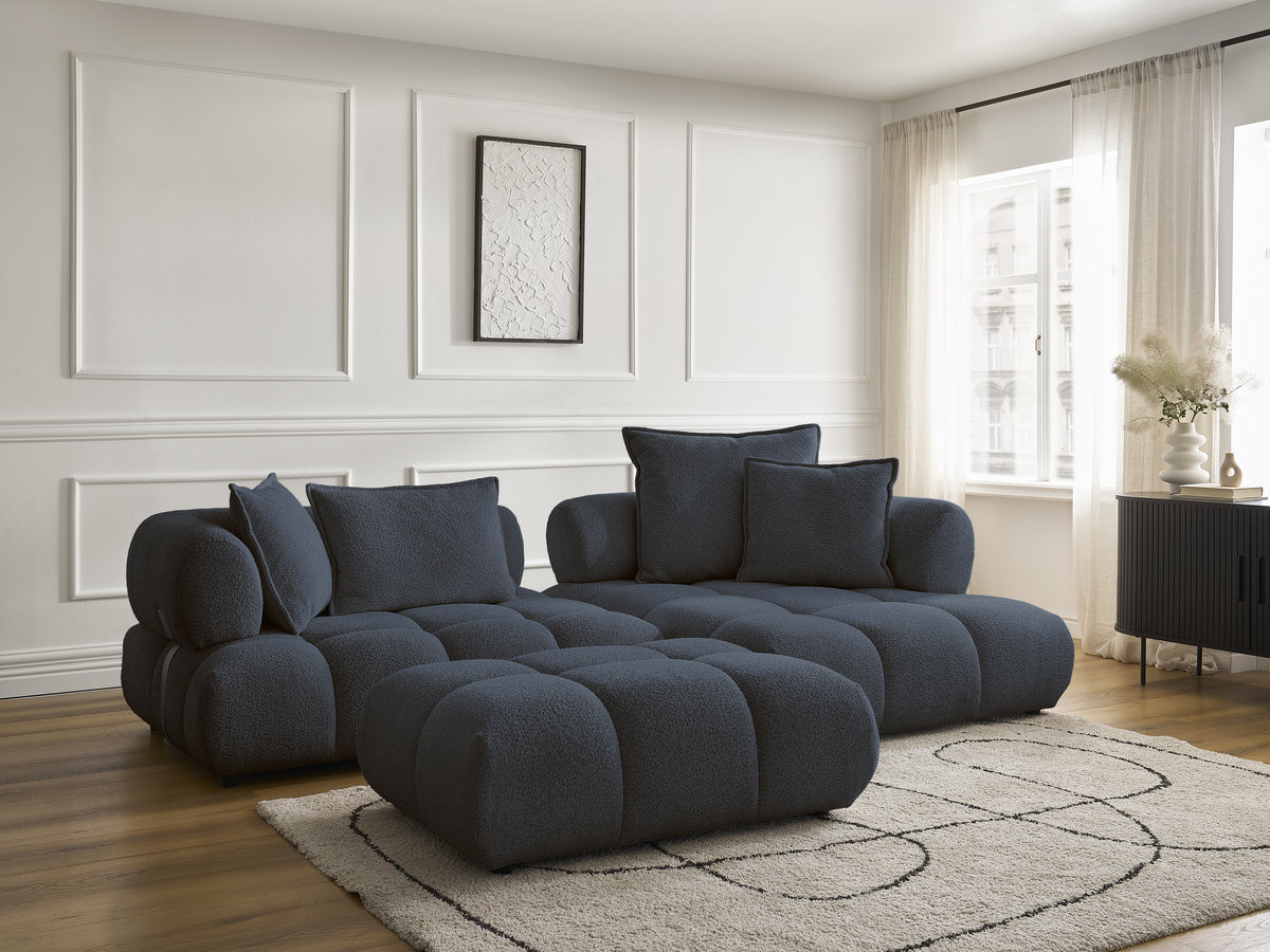Canapé d'angle fixe ALYA tissu bouclette avec pouf
