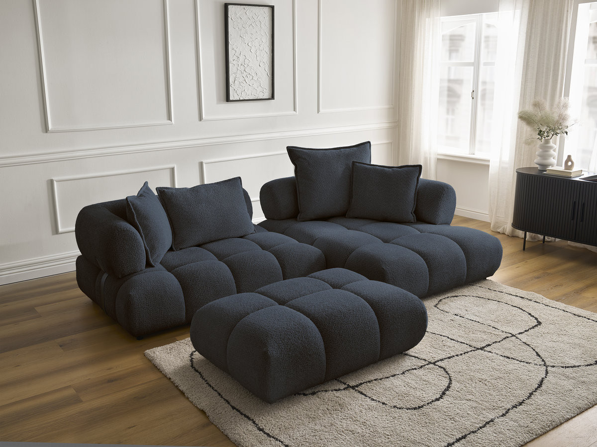 Canapé d'angle fixe ALYA tissu bouclette avec pouf
