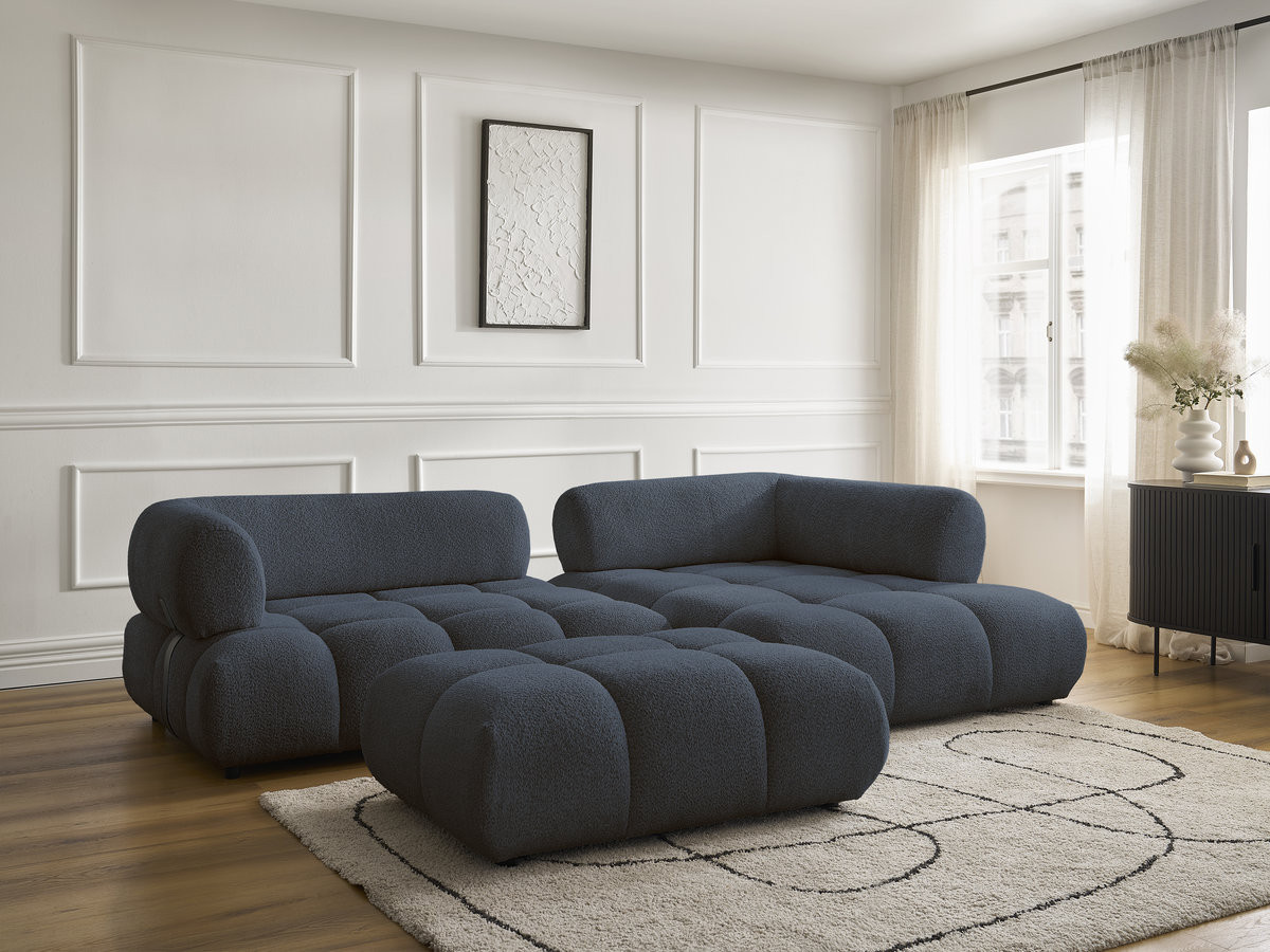 Canapé d'angle fixe ALYA tissu bouclette avec pouf