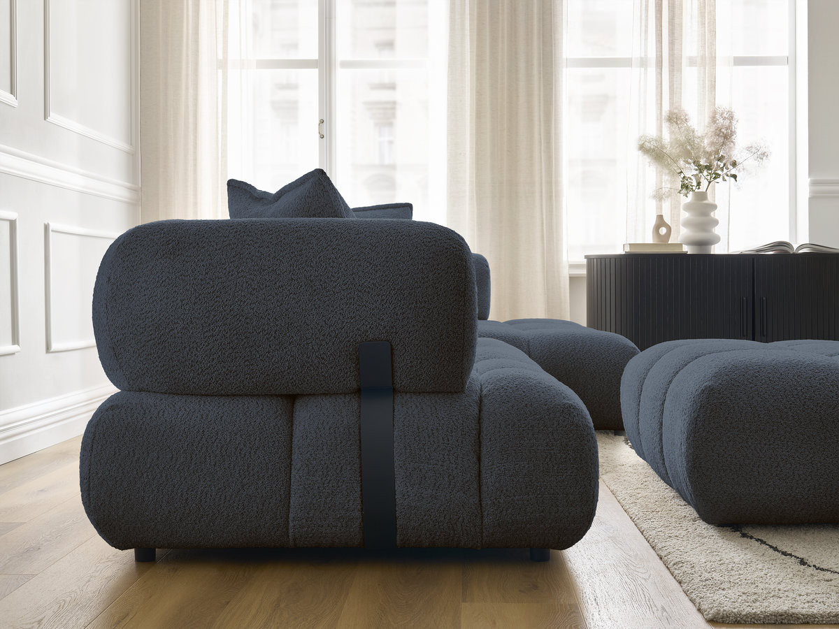 Canapé d'angle fixe ALYA tissu bouclette avec pouf