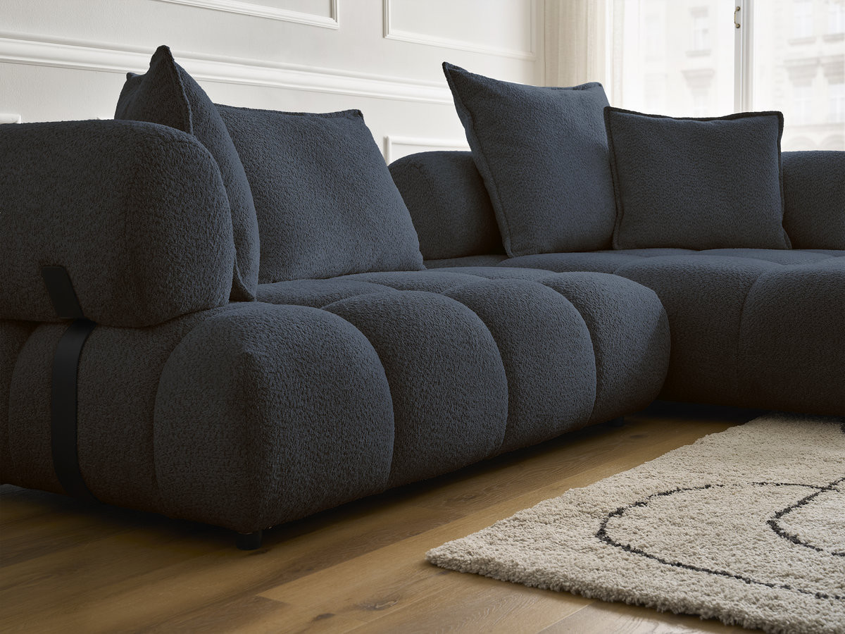 Canapé d'angle fixe ALYA tissu bouclette avec pouf
