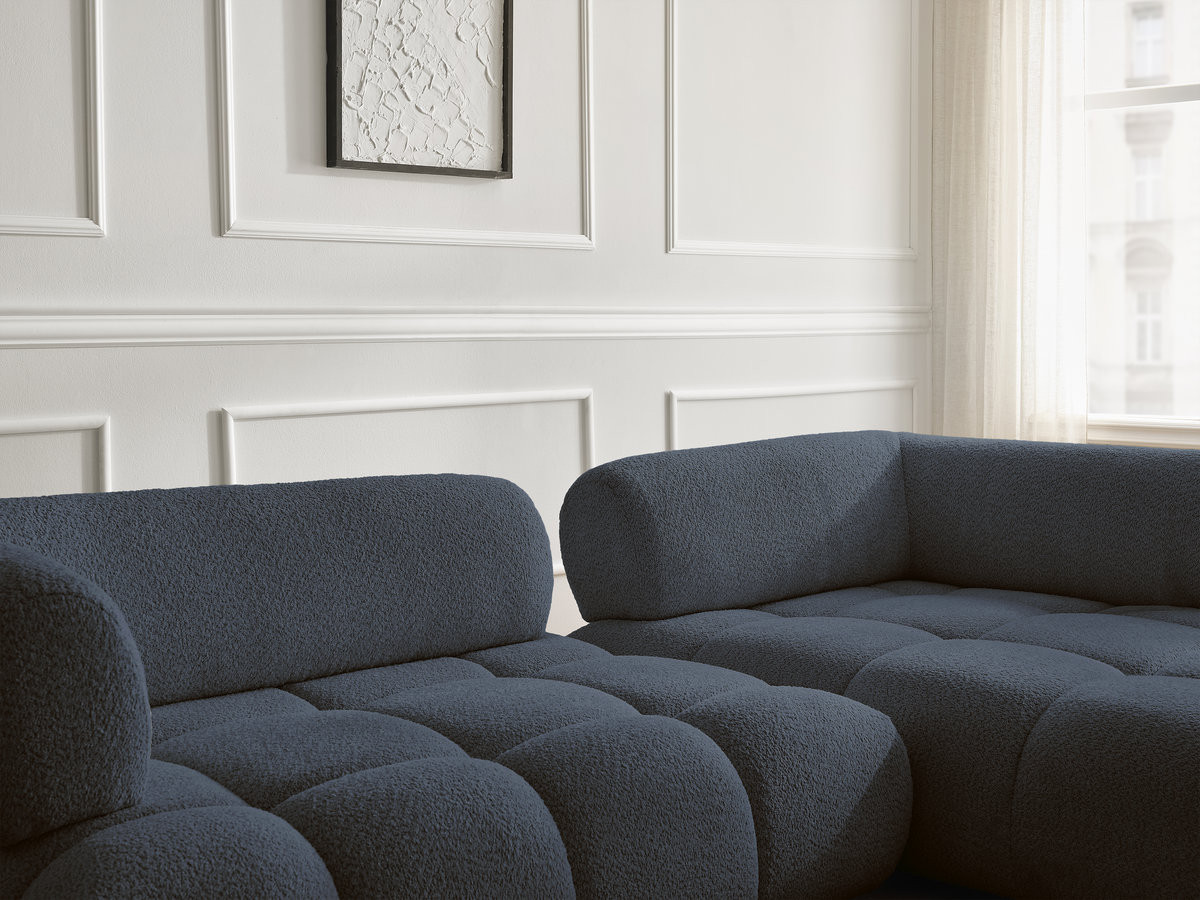 Canapé d'angle fixe ALYA tissu bouclette avec pouf