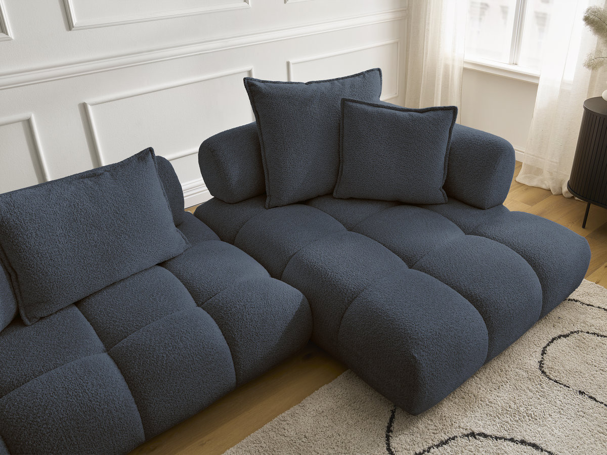 Canapé d'angle fixe ALYA tissu bouclette avec pouf