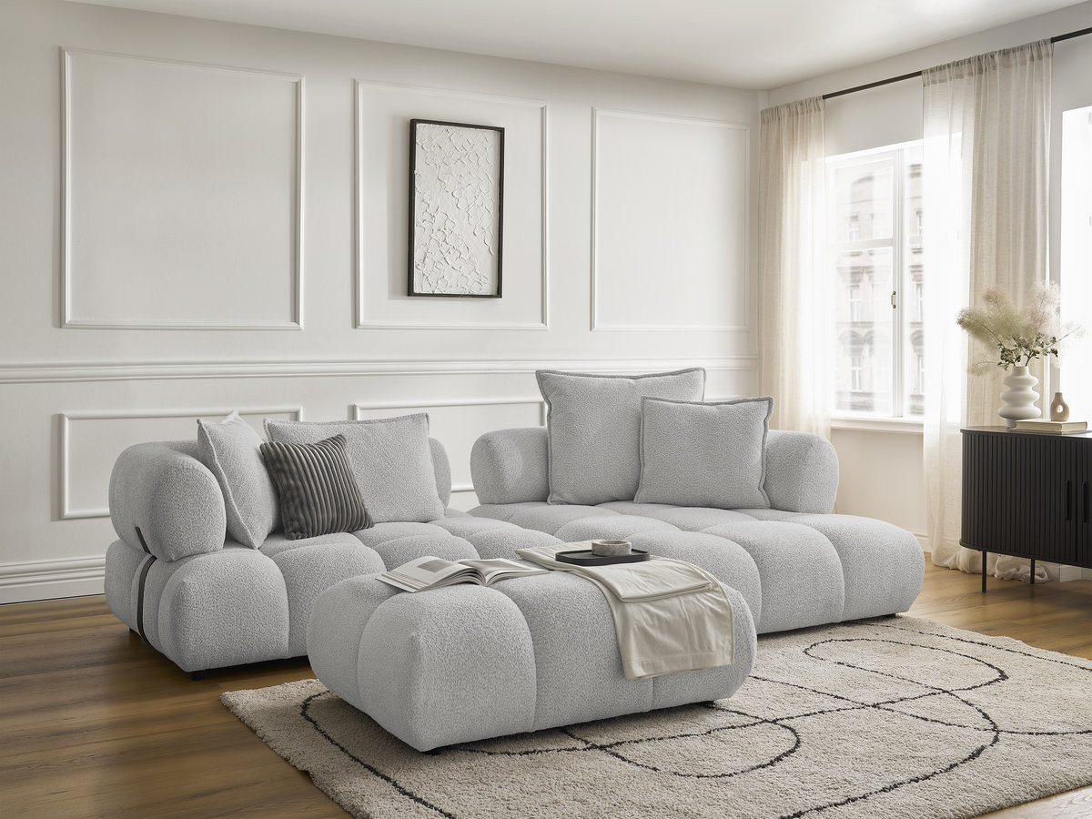 Canapé d'angle fixe ALYA tissu bouclette avec pouf