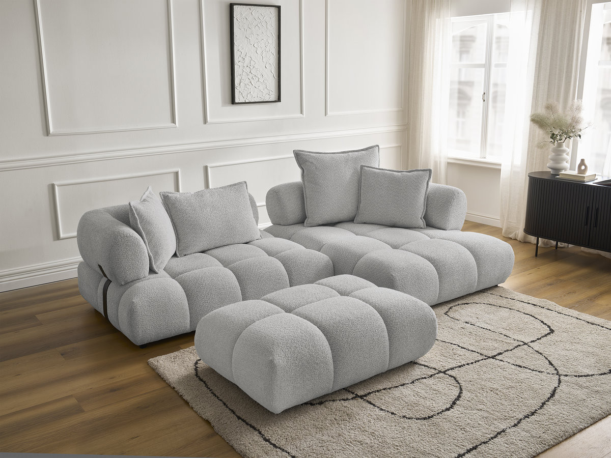Canapé d'angle fixe ALYA tissu bouclette avec pouf
